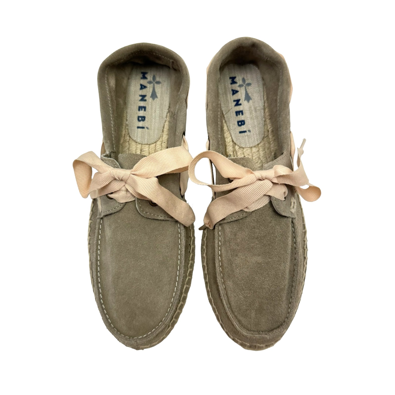 Manebi Nwb Hamptons Taupe Suede Leather Ribbon Tie Slip On Casual Boat Shoes — image 4 of 8